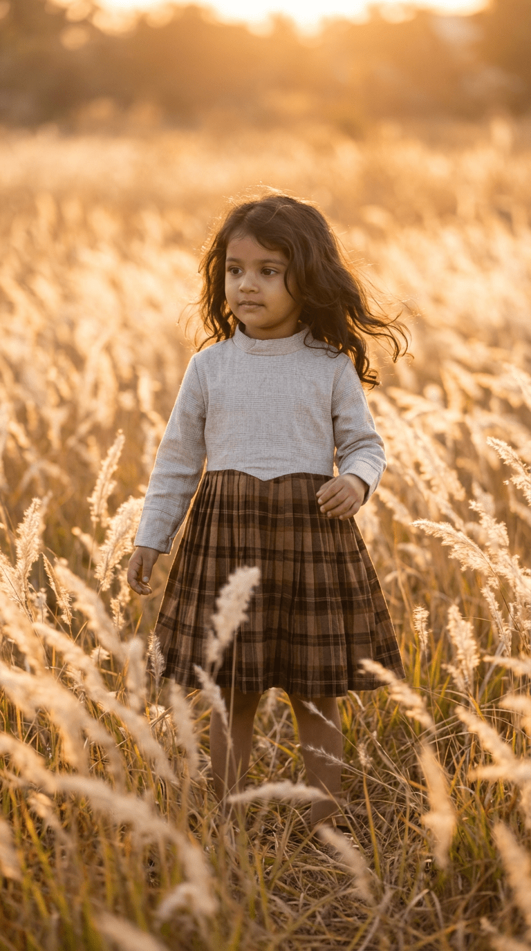 Brown Plaid Pleated Dress with Off-White Bodice