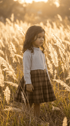 Brown Plaid Pleated Dress with Off-White Bodice