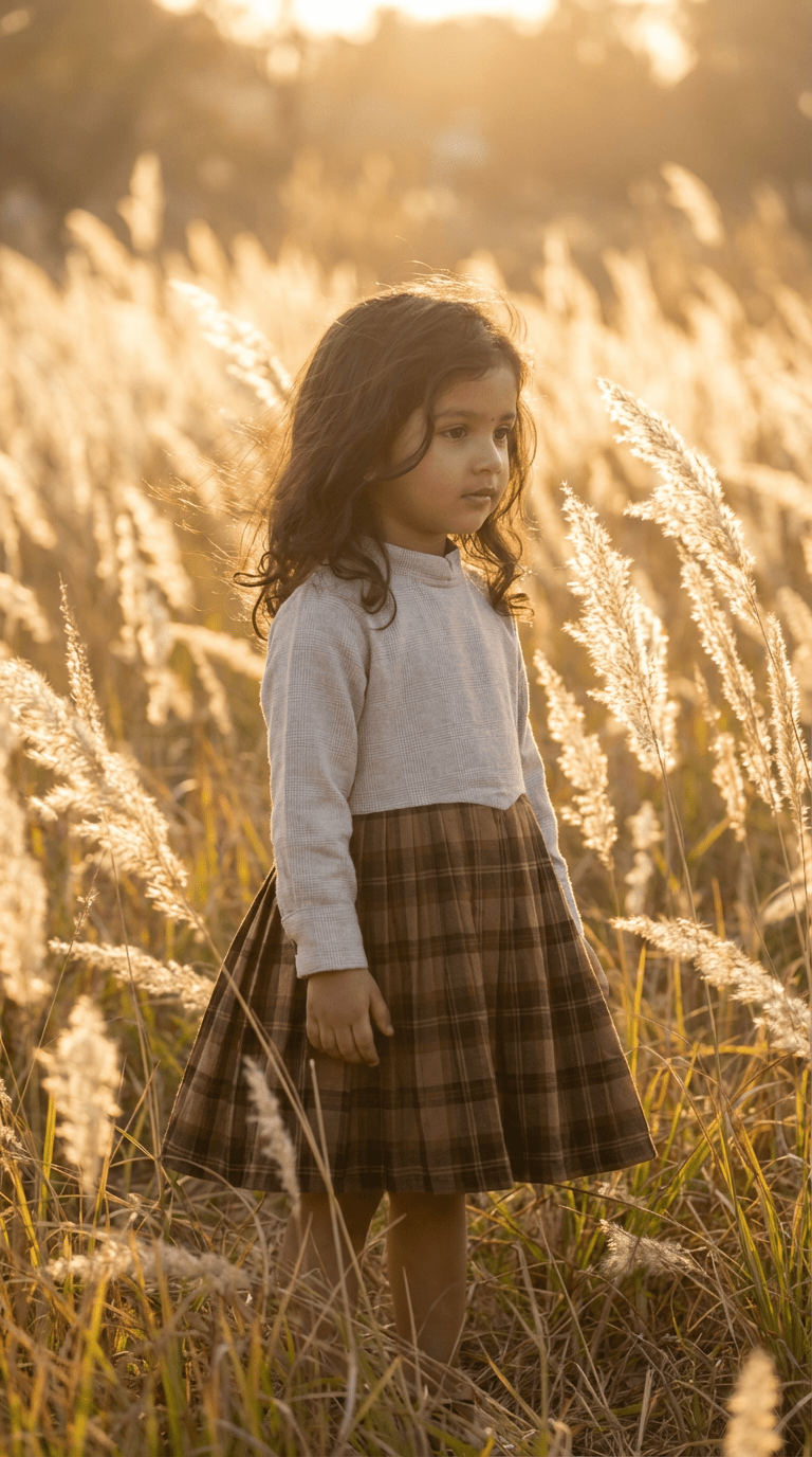 Brown Plaid Pleated Dress with Off-White Bodice