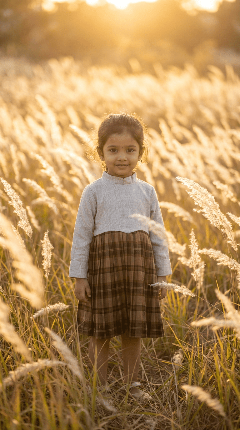 Brown Plaid Pleated Dress with Off-White Bodice