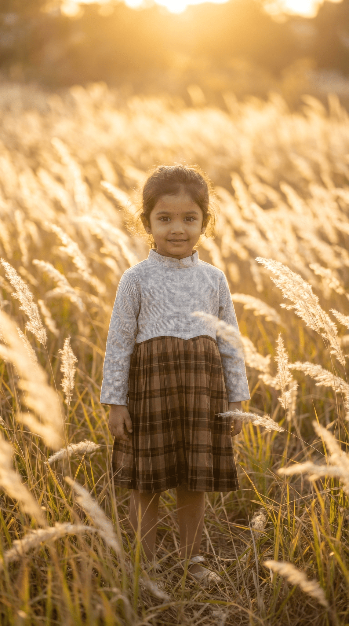 Brown Plaid Pleated Dress with Off-White Bodice